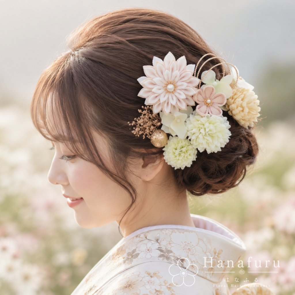 つまみ細工髪飾り 華ダリア 白×生成×ゴールド 16点セット｜成人式 卒業式 結婚式 和装の画像