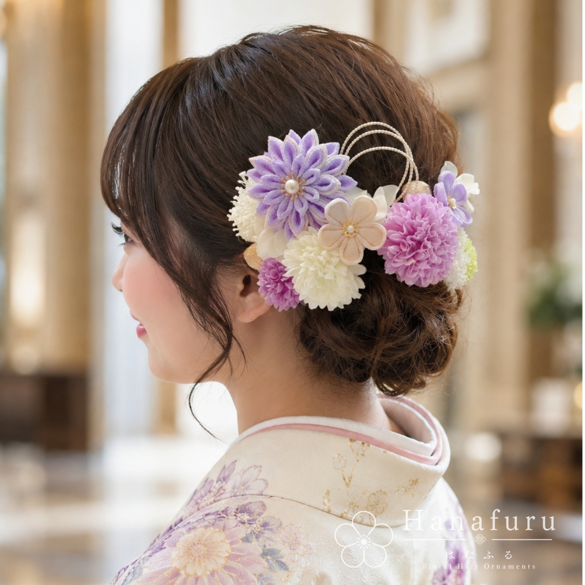 つまみ細工髪飾り 華ダリア ふじ色（薄紫色）×生成×ゴールド 16点セット｜成人式 卒業式 結婚式 和装の画像