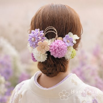 つまみ細工髪飾り 華ダリア ふじ色（薄紫色）×生成×ゴールド 16点セット｜成人式 卒業式 結婚式 和装の画像