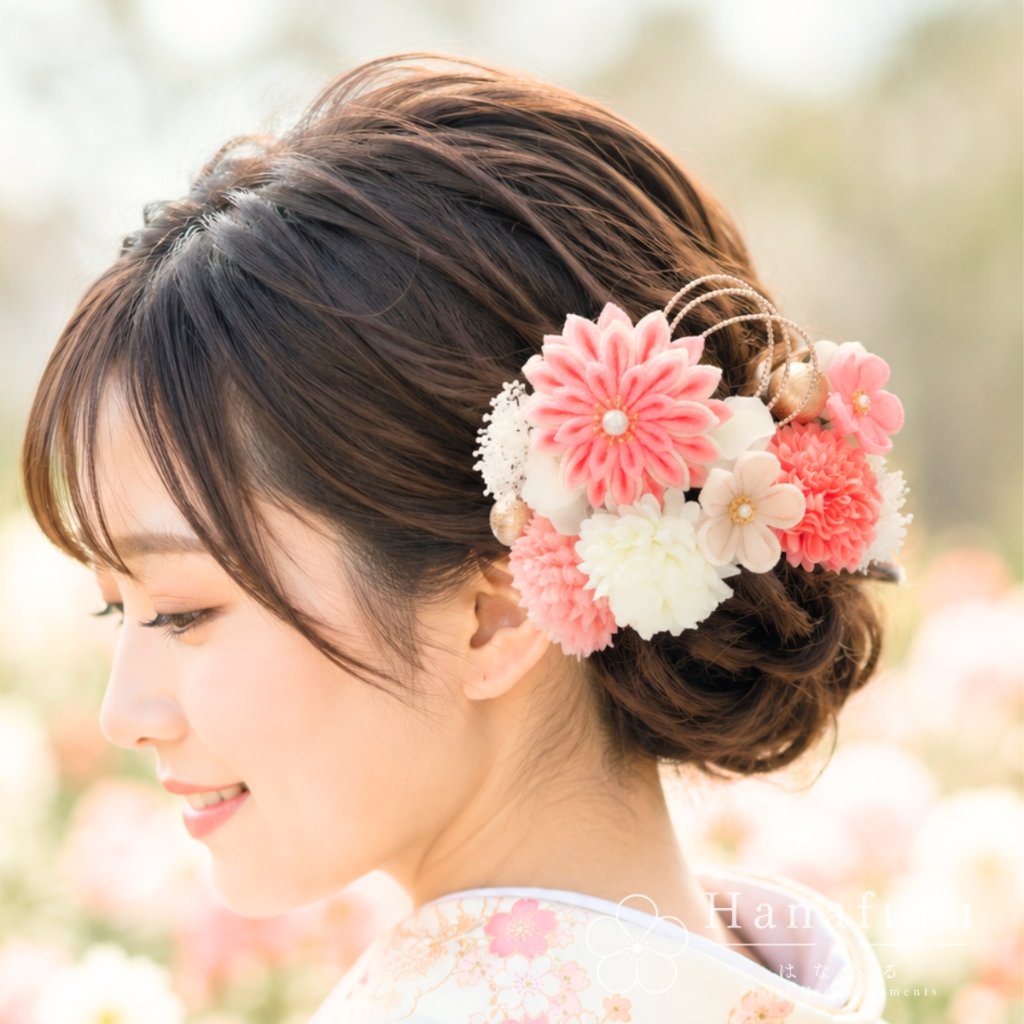 つまみ細工髪飾り 華ダリア さんご（サーモンピンク）×生成×ゴールド 16点セット｜成人式 卒業式 結婚式 和装の画像