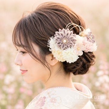 つまみ細工髪飾り 華ダリア　ちゃねず色（薄茶色）×生成×ゴールド 16点セット｜成人式 卒業式 結婚式 和装の画像