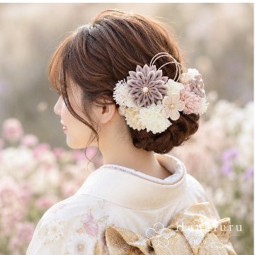 つまみ細工髪飾り 華ダリア　ちゃねず色（薄茶色）×生成×ゴールド 16点セット｜成人式 卒業式 結婚式 和装の画像