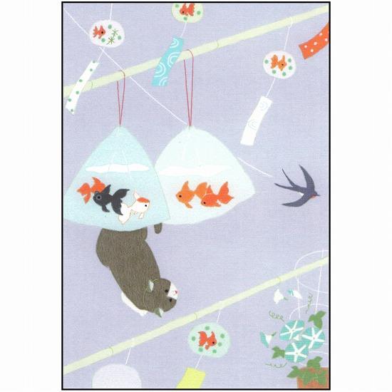 ひらいみも ポストカード（ネコと金魚：風鈴）の画像