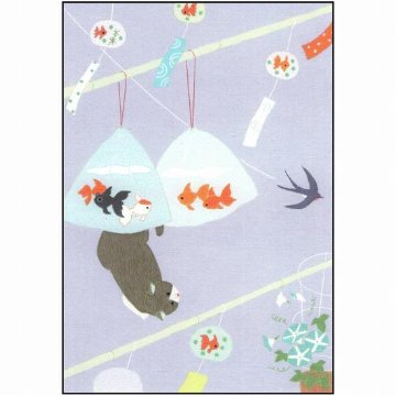 ひらいみも ポストカード（ネコと金魚：風鈴）の画像