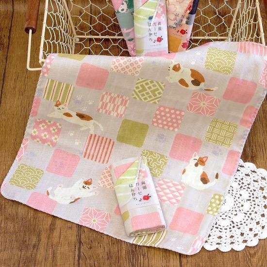 京都くろちく　両面ガーゼはんかち（三毛猫市松）の画像