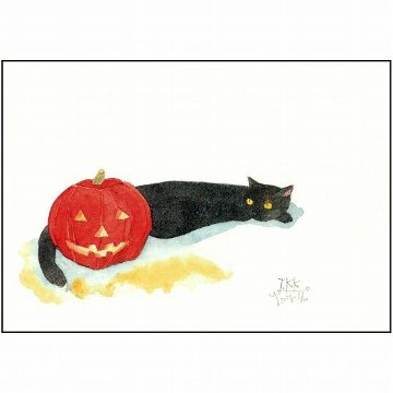 三好貴子 ポストカード（黒猫とハロウィンかぼちゃ）画像