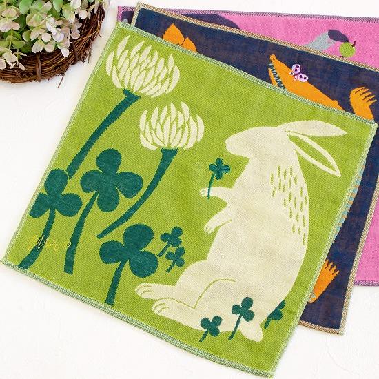 moritaMiW　3重ガーゼハンカチ（ウサギと白詰草）の画像