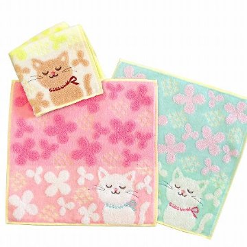 GuGu World タオルハンカチ（猫と花）画像