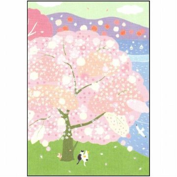 ひらいみも ポストカード（桜の木：子ブタと猫）の画像