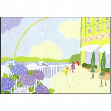 ひらいみも ポストカード（あじさい：子ブタと虹）の画像