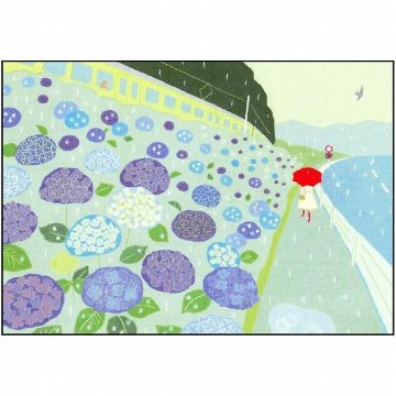 ひらいみも ポストカード（あじさい：子ブタと雨の道路）の画像
