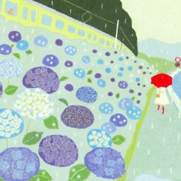 ひらいみも ポストカード（あじさい：子ブタと雨の道路）の画像