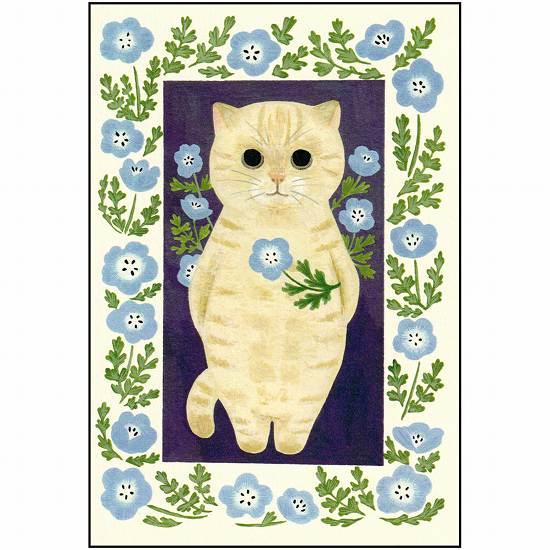 絵本の中のねこ ポストカード（クリーム色の猫・ネモフィラ）の画像