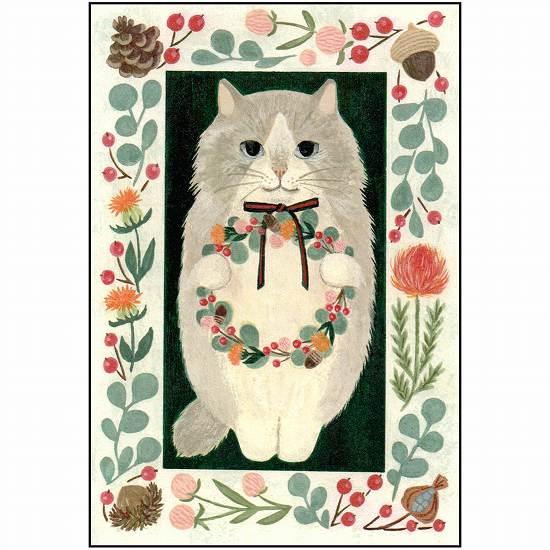 絵本の中のねこ ポストカード（長毛猫・リース）の画像