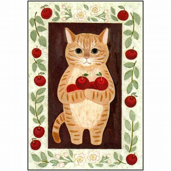絵本の中のねこ ポストカード（茶トラ・りんご）の画像