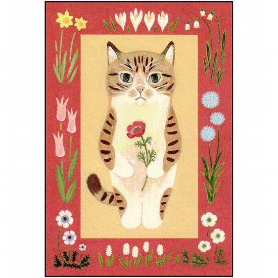 絵本の中のねこ ポストカード（キジ白・春の花）の画像