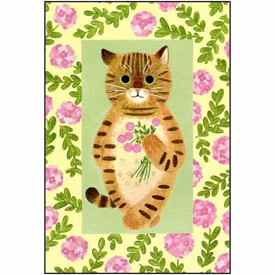 絵本の中のねこ ポストカード（キジトラ・ピンクの花）の画像
