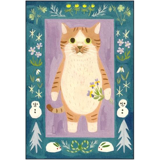 絵本の中のねこ ポストカード（茶白の靴下猫・雪だるま）の画像