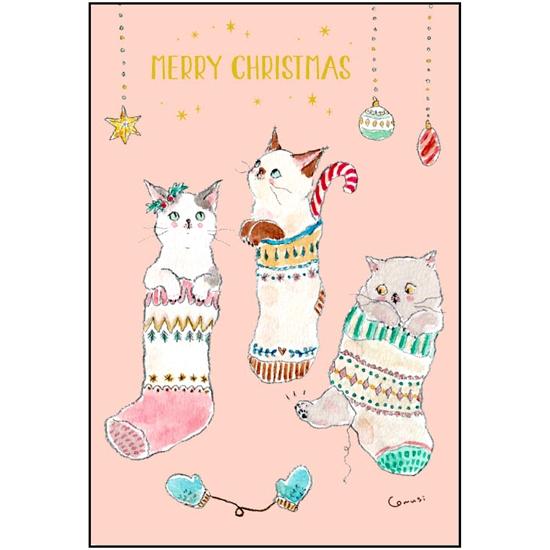 トコロコムギ ポストカード（クリスマスくつ下にゃんこ）の画像