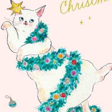 トコロコムギ ポストカード（るんるんホワイトツリーにゃんこ）の画像
