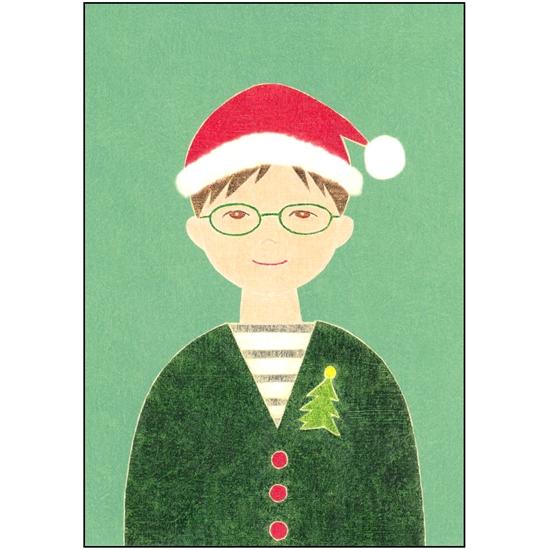 伊藤絵里子 ポストカード（サンタの帽子：男の子-ツリー）の画像