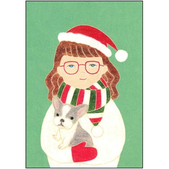 伊藤絵里子 ポストカード（サンタの帽子：女の子-犬）の画像
