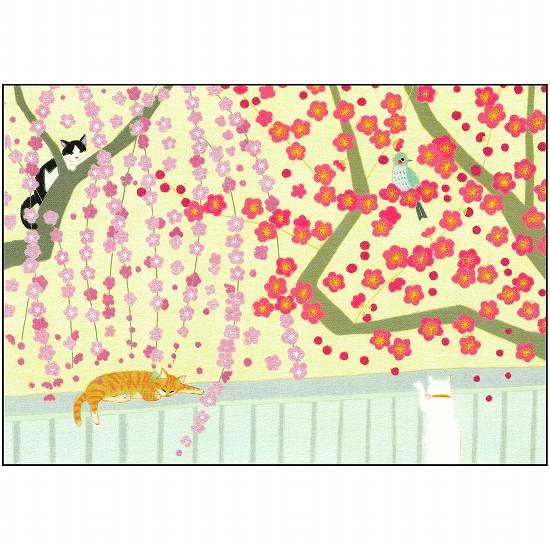 ひらいみも ポストカード（早春 梅便り：3匹の猫と鳥）の画像