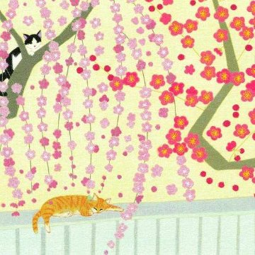 ひらいみも ポストカード（早春 梅便り：3匹の猫と鳥）の画像
