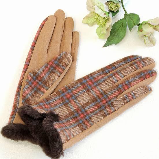 チェック柄ファー付き手袋 nljydm0406.jpg