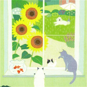 ひらいみも ポストカード（夏の窓：向日葵と猫のじゃれ合い）の画像