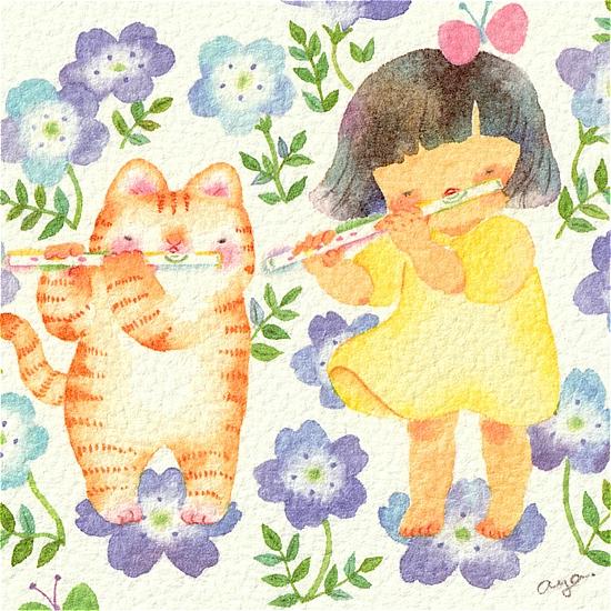こばやしあや ポストカード（フルート・ネモフィラとねこちゃん）の画像