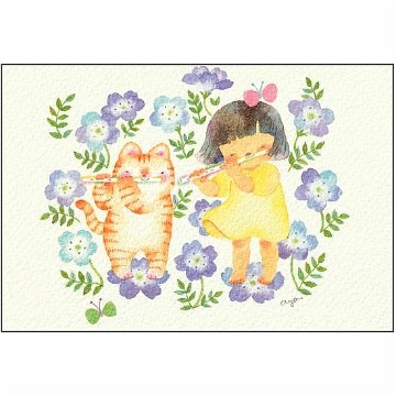こばやしあや ポストカード（フルート・ネモフィラとねこちゃん）の画像