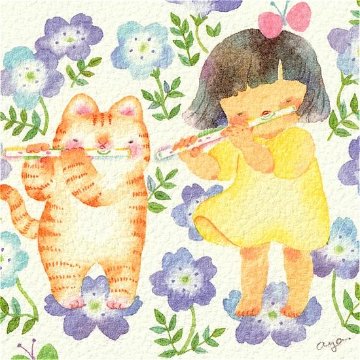 こばやしあや ポストカード（フルート・ネモフィラとねこちゃん）の画像