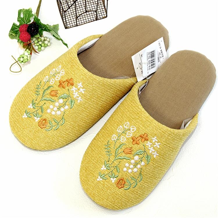 アーバン　フラワー刺繍スリッパ　イエロー　約25cmの画像