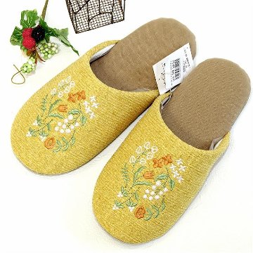 アーバン　フラワー刺繍スリッパ　イエロー　約25cmの画像