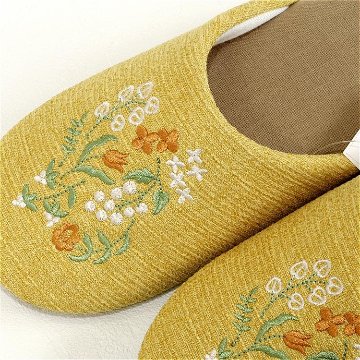 アーバン　フラワー刺繍スリッパ　イエロー　約25cmの画像