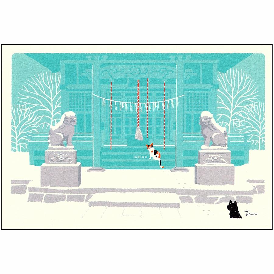 たびねこ ポストカード（雪のお参り）の画像