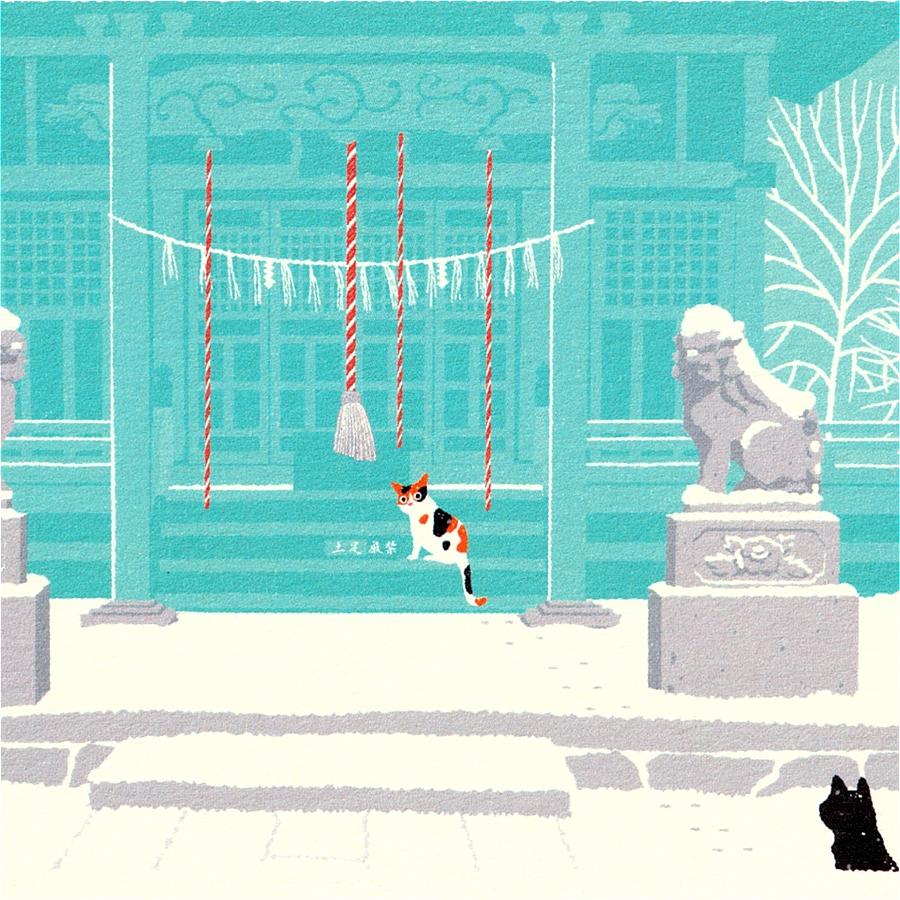 たびねこ ポストカード（雪のお参り）の画像