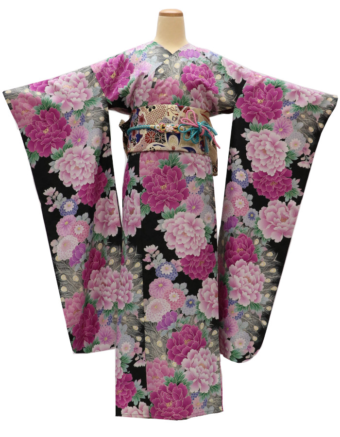 衿なし小紋振袖（箔押し）＋帯＋帯締めの３点セット　【Mサイズ】  WG-8の画像