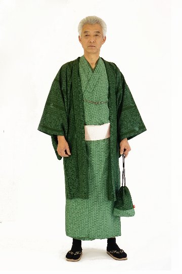 紳士アンサンブル　『深緑』　着物、羽織、襦袢、帯、羽織紐、信玄袋の６点セット！画像