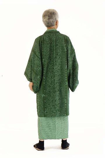 紳士アンサンブル　『深緑』　着物、羽織、襦袢、帯、羽織紐、信玄袋の６点セット！画像