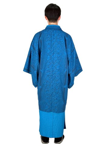 男性用アンサンブル　『藍』　着物、羽織、襦袢、帯、羽織紐、信玄袋の６点セット！の画像