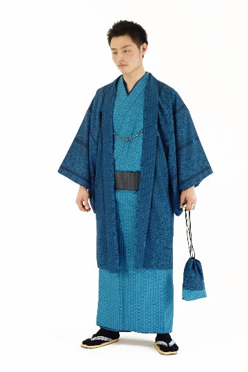 紳士アンサンブル　『藍』　着物、羽織、襦袢、帯、羽織紐、信玄袋の６点セット！画像