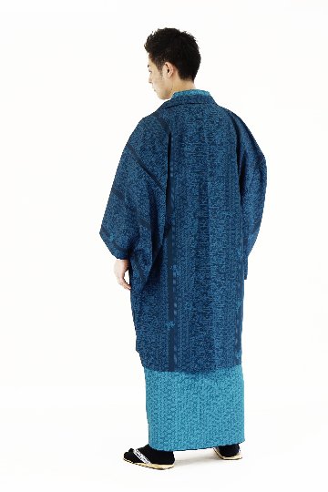 紳士アンサンブル　『藍』　着物、羽織、襦袢、帯、羽織紐、信玄袋の６点セット！画像