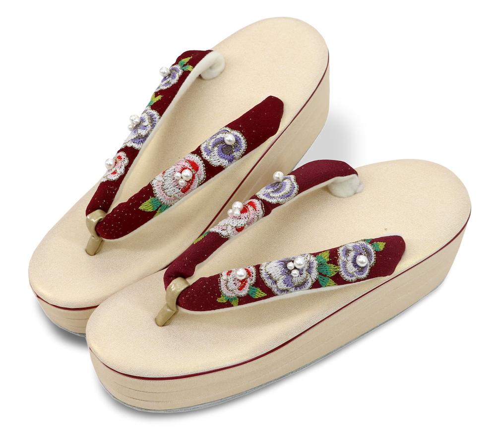 【厚底】 刺繍パール草履 ☆ワインレッド☆の画像