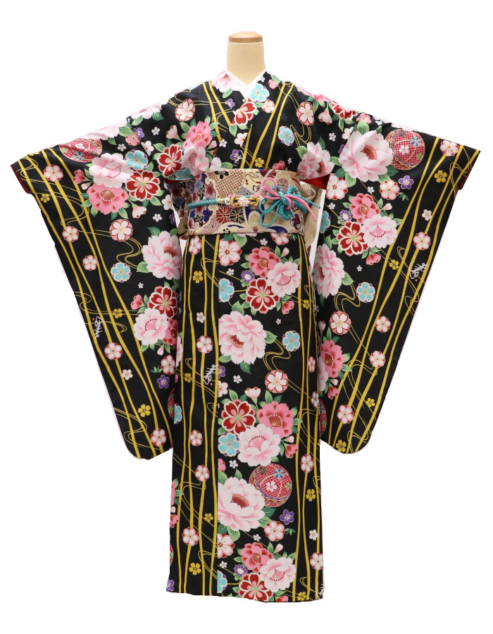 衿付き振袖＋帯＋帯締め＋簡単な半衿の4点セット［鞠（まり）黒］の画像