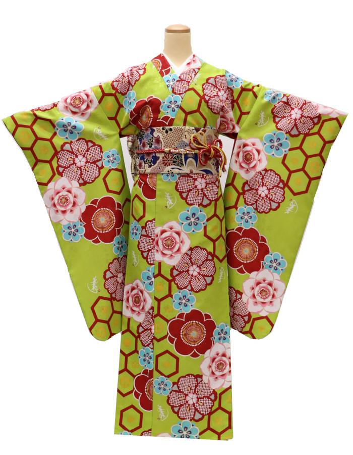 衿付き振袖＋帯＋帯締め＋簡単な半衿の4点セット［亀甲（きっこう）黄緑］の画像