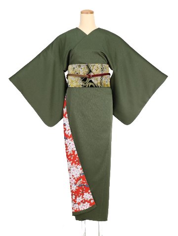 【日本製】最高級色無地着物 衿なし うぐいす色[21]の画像