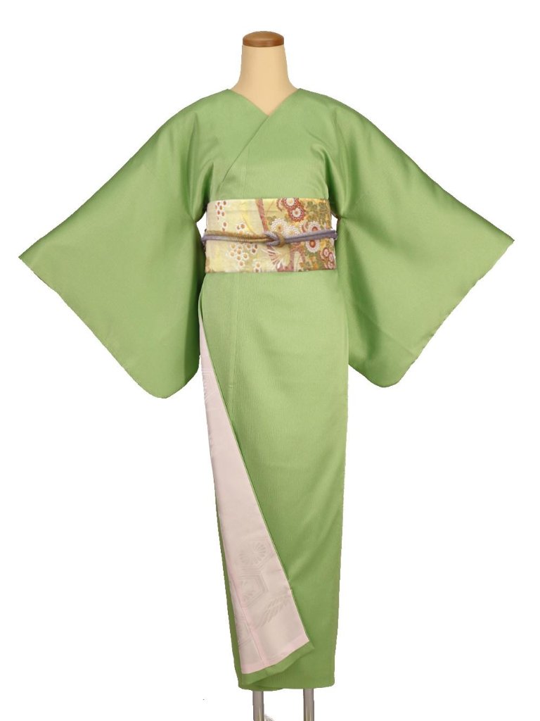 【日本製】最高級色無地着物 衿なし うすもえぎ色[24]の画像