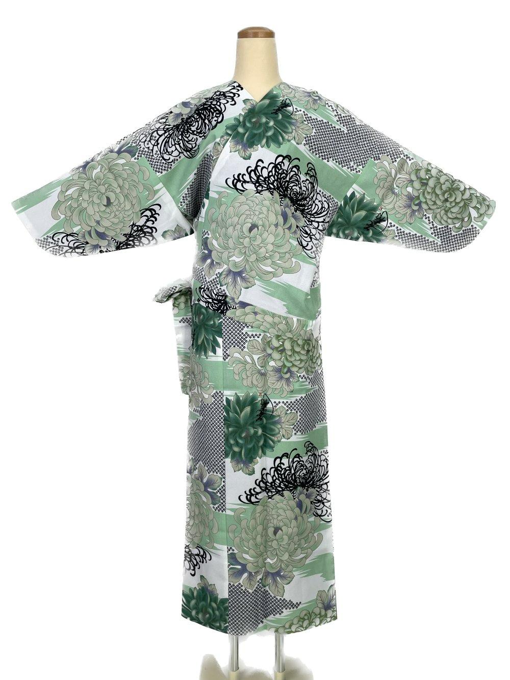 二部式着物(ゴムスカート) 袷 大輪 緑画像